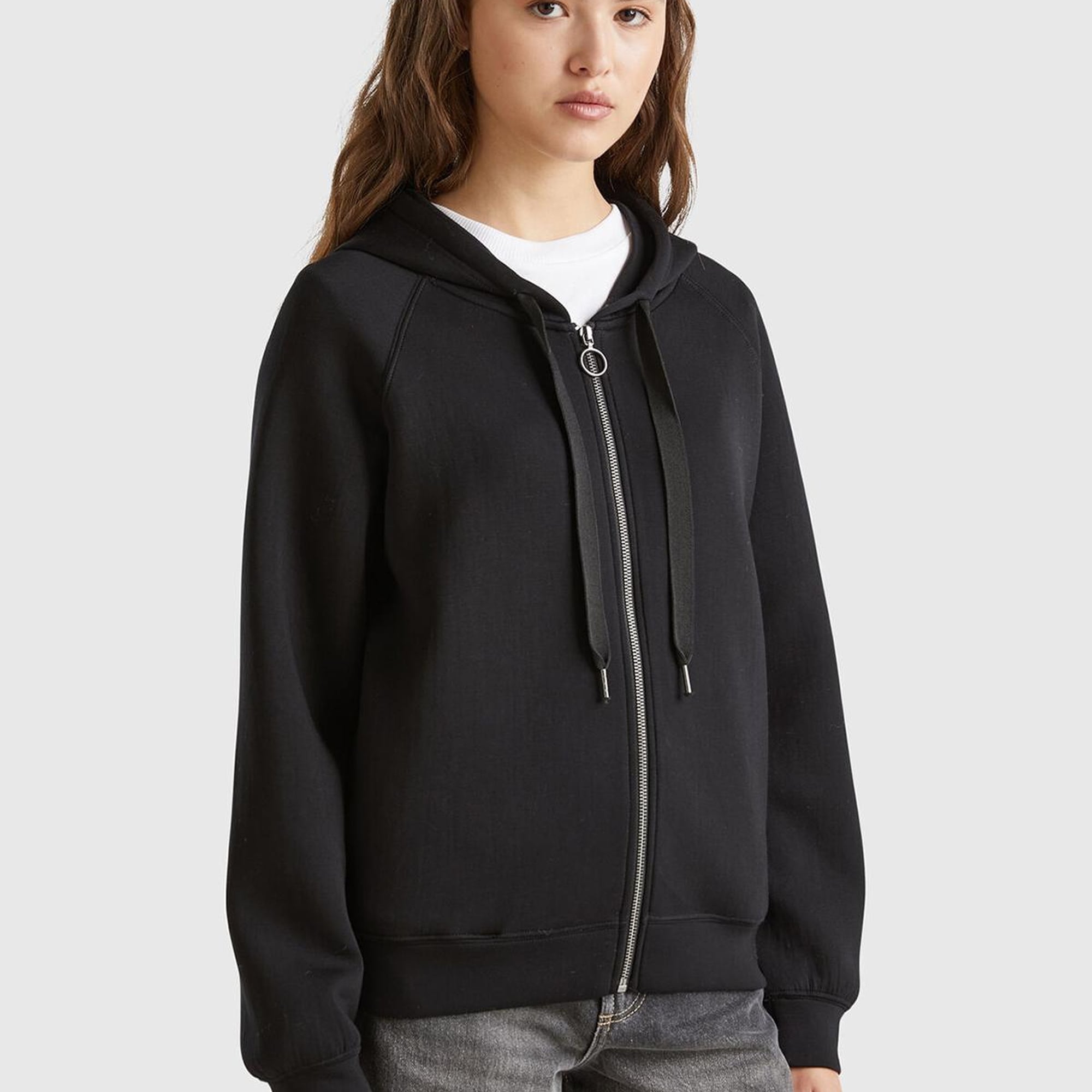 Kadın Siyah Viskoz Karışımlı Büzgü İpli Kapüşonlu Fermuarlı Sweatshirt