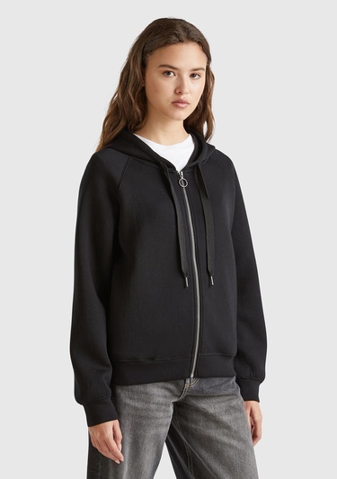  Kadın Siyah Viskoz Karışımlı Büzgü İpli Kapüşonlu Fermuarlı Sweatshirt