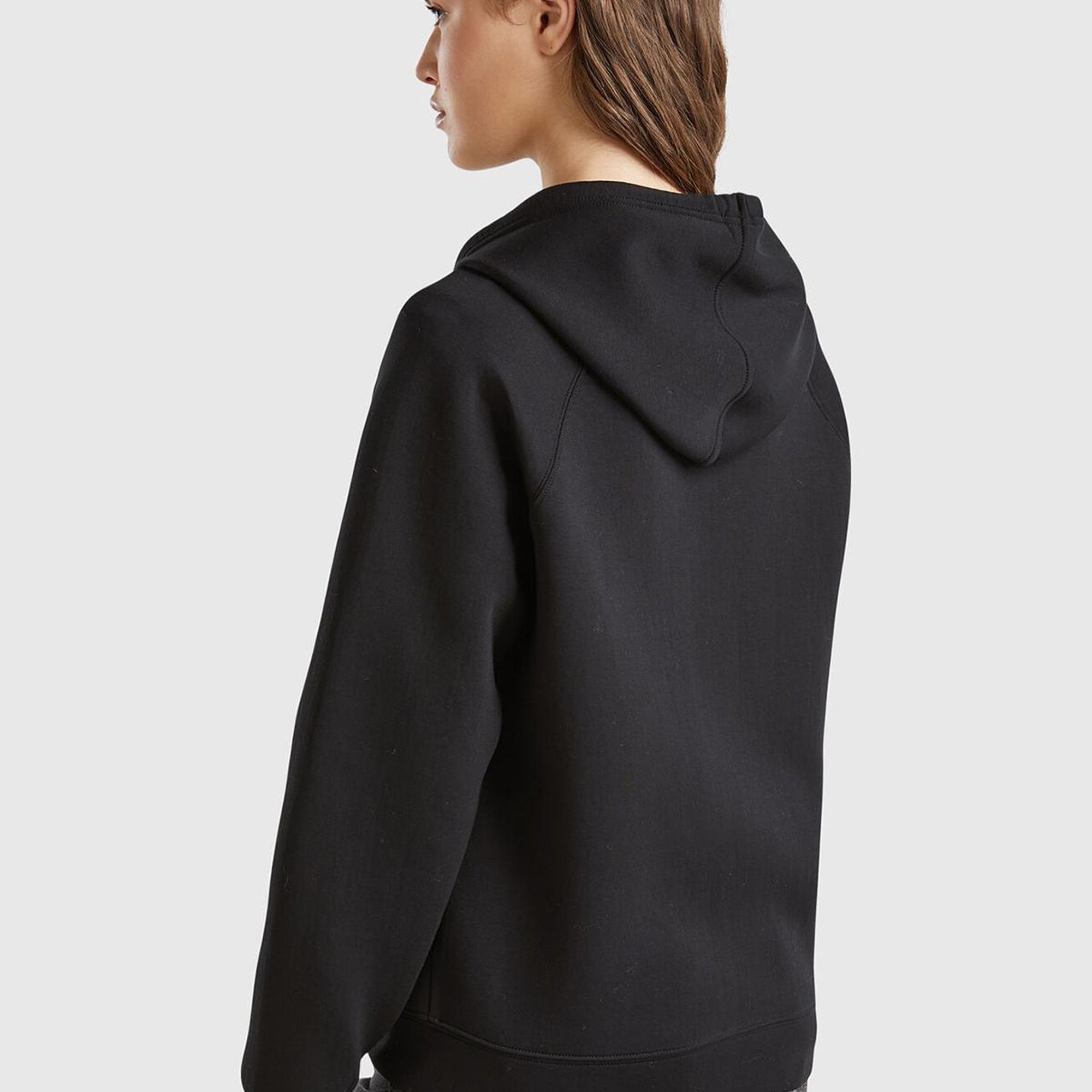 Kadın Siyah Viskoz Karışımlı Büzgü İpli Kapüşonlu Fermuarlı Sweatshirt