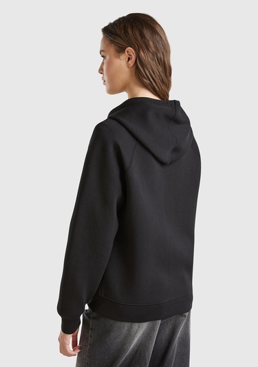  Kadın Siyah Viskoz Karışımlı Büzgü İpli Kapüşonlu Fermuarlı Sweatshirt