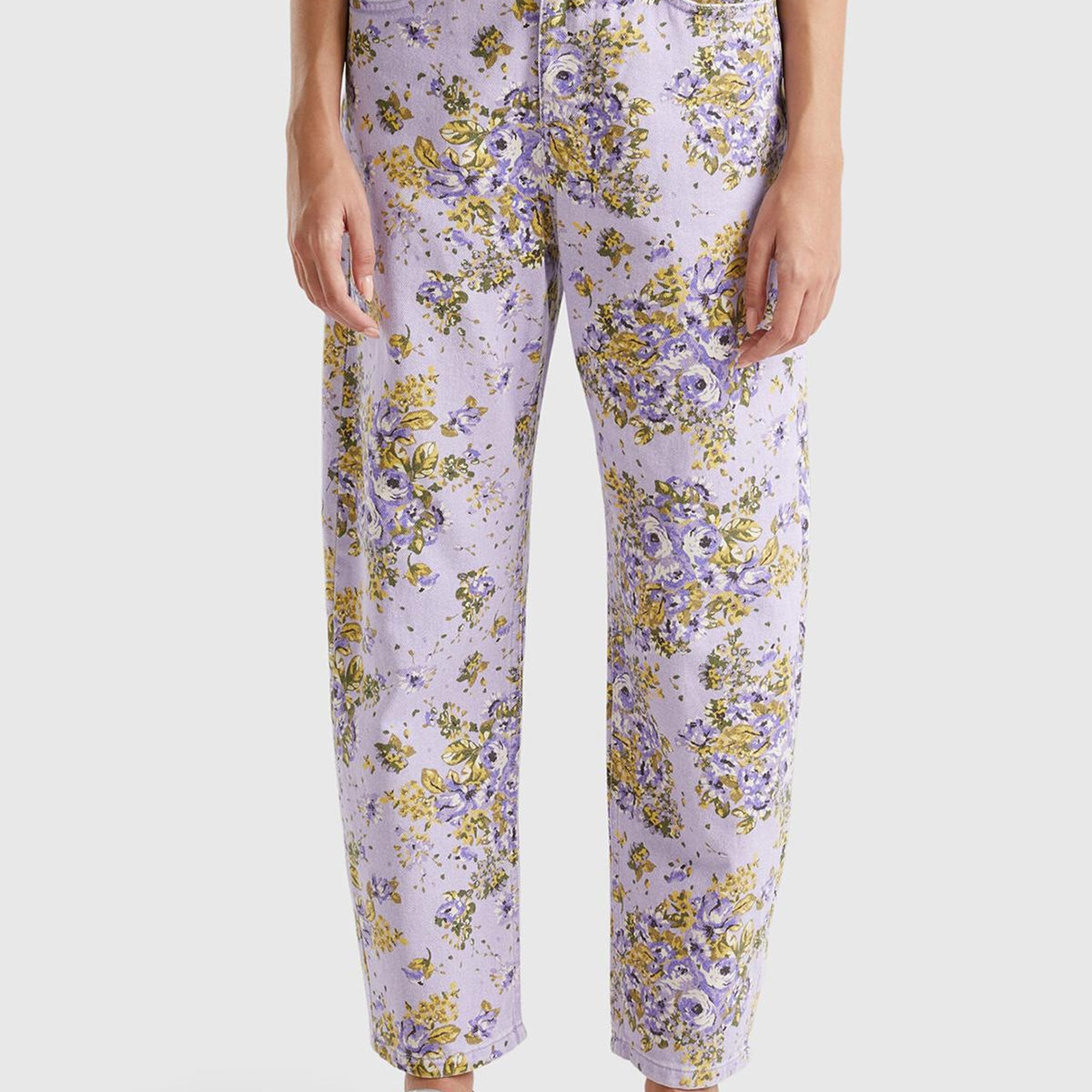 Kadın Lila %100 Pamuk Tamamı Çiçek Desenli 5 Cepli Balon Pantolon