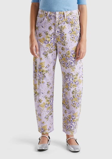  Kadın Lila %100 Pamuk Tamamı Çiçek Desenli 5 Cepli Balon Pantolon