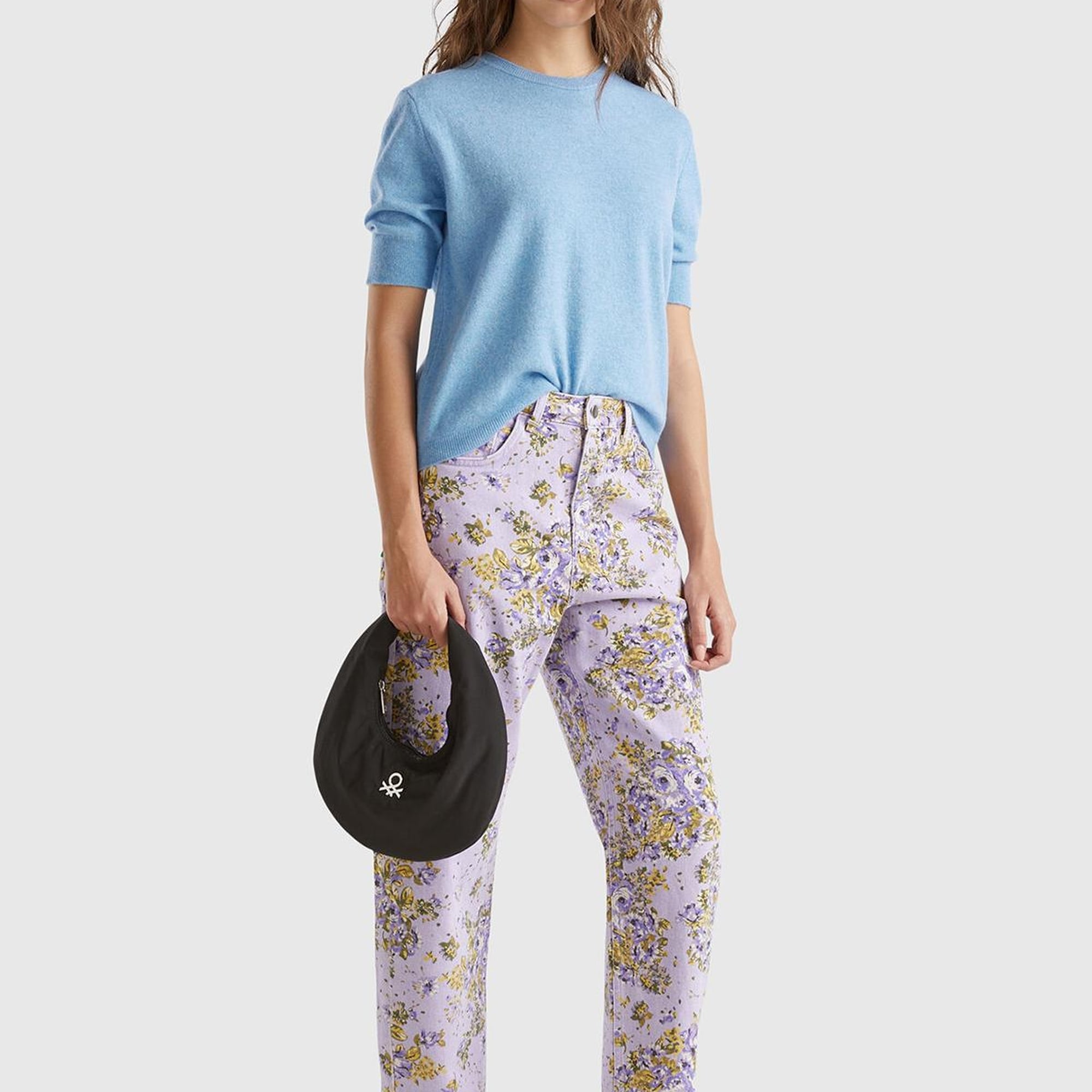 Kadın Lila %100 Pamuk Tamamı Çiçek Desenli 5 Cepli Balon Pantolon