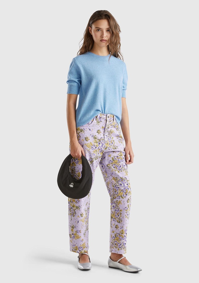  Kadın Lila %100 Pamuk Tamamı Çiçek Desenli 5 Cepli Balon Pantolon