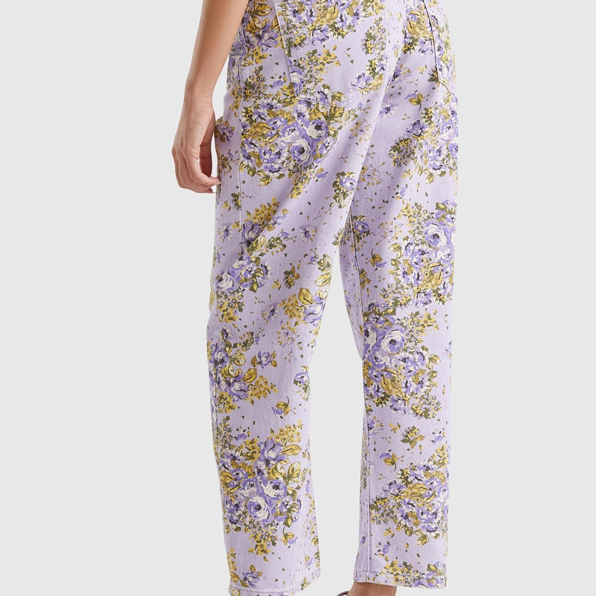 Kadın Lila %100 Pamuk Tamamı Çiçek Desenli 5 Cepli Balon Pantolon