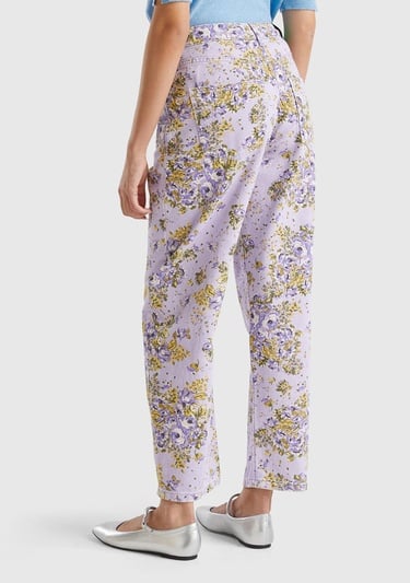  Kadın Lila %100 Pamuk Tamamı Çiçek Desenli 5 Cepli Balon Pantolon