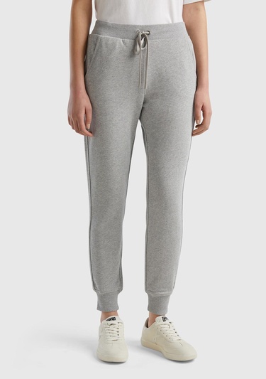  Kadın Gri Melanj %100 Pamuk Yanları Cepli Beli Büzgülü Jogger Eşofman Altı