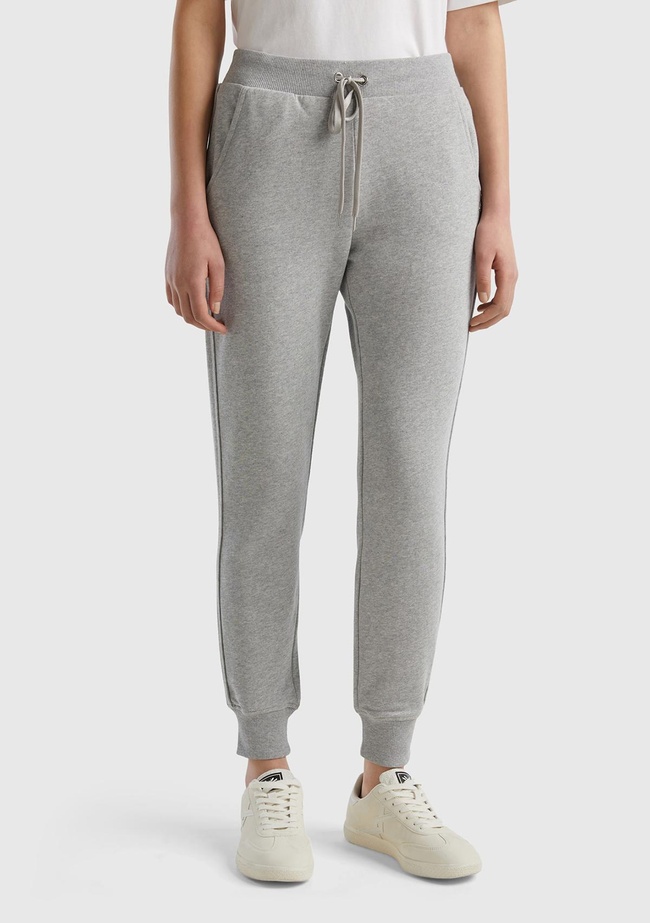  Kadın Gri Melanj %100 Pamuk Yanları Cepli Beli Büzgülü Jogger Eşofman Altı