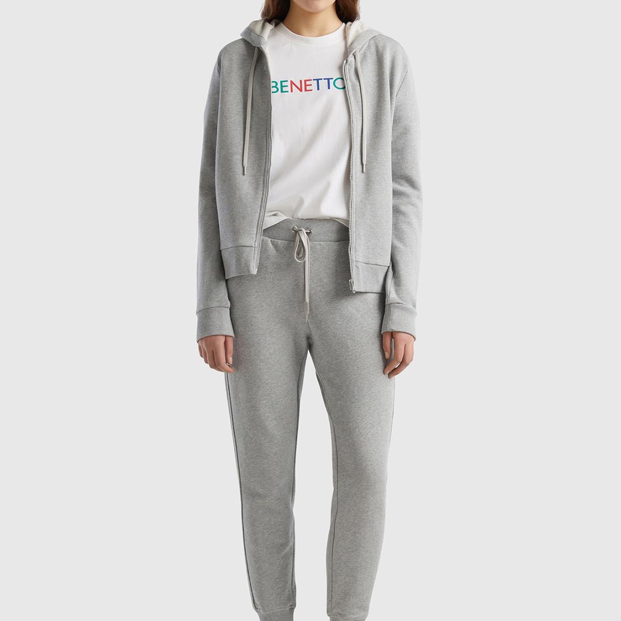 Kadın Gri Melanj %100 Pamuk Yanları Cepli Beli Büzgülü Jogger Eşofman Altı