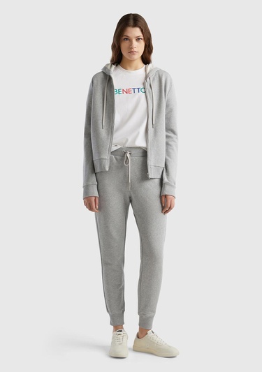  Kadın Gri Melanj %100 Pamuk Yanları Cepli Beli Büzgülü Jogger Eşofman Altı
