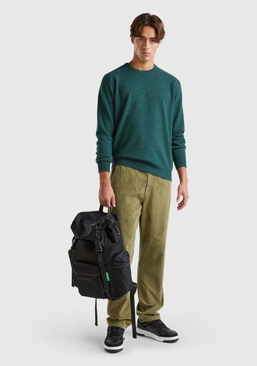  Erkek Yeşil Pamuk Karışımlı Önü ve Arkası Cepli Büzgü İpli  Kadife Pantolon