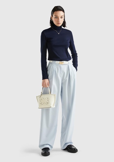  Kadın Lacivert %100 Pamuk Boğazlı Uzun Kollu T-Shirt