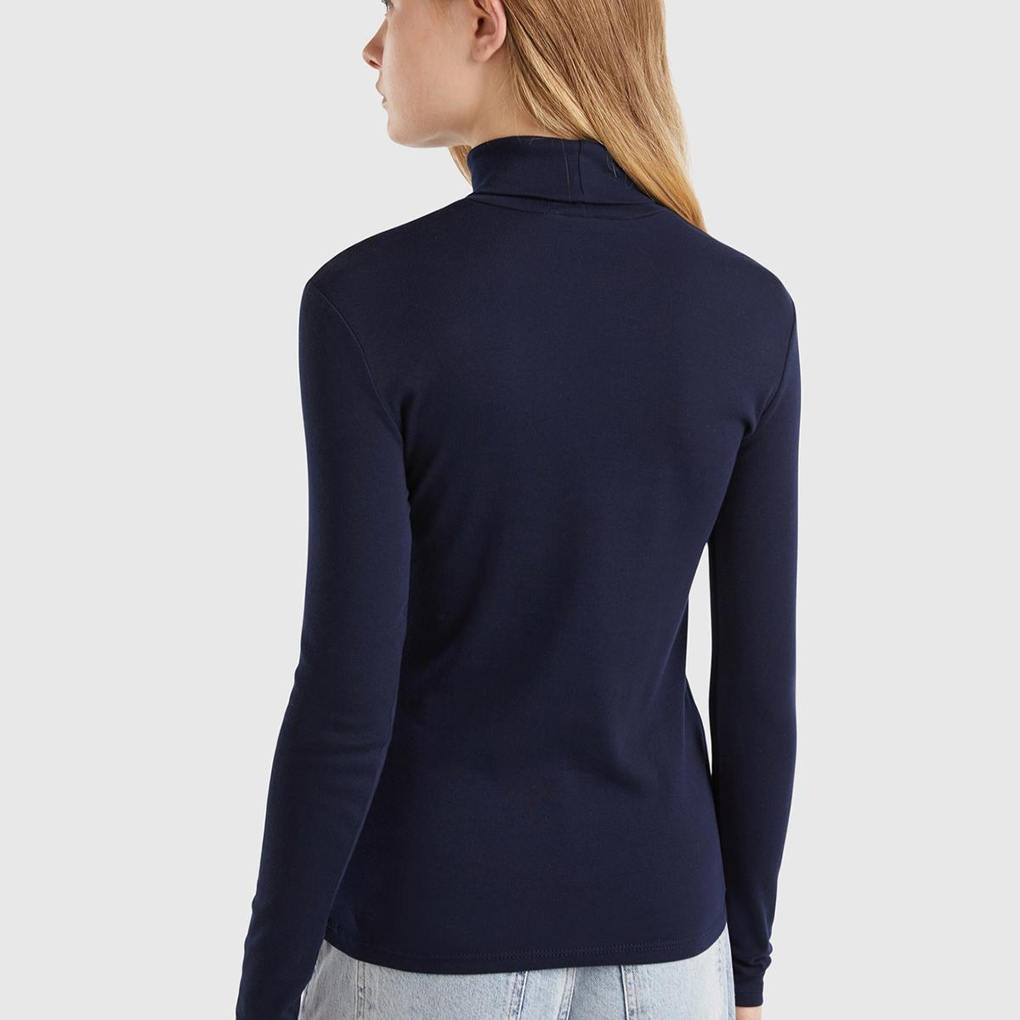 Kadın Lacivert %100 Pamuk Boğazlı Uzun Kollu T-Shirt