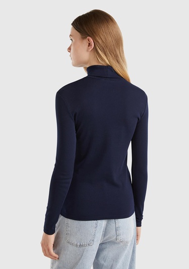  Kadın Lacivert %100 Pamuk Boğazlı Uzun Kollu T-Shirt