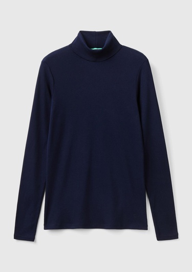  Kadın Lacivert %100 Pamuk Boğazlı Uzun Kollu T-Shirt