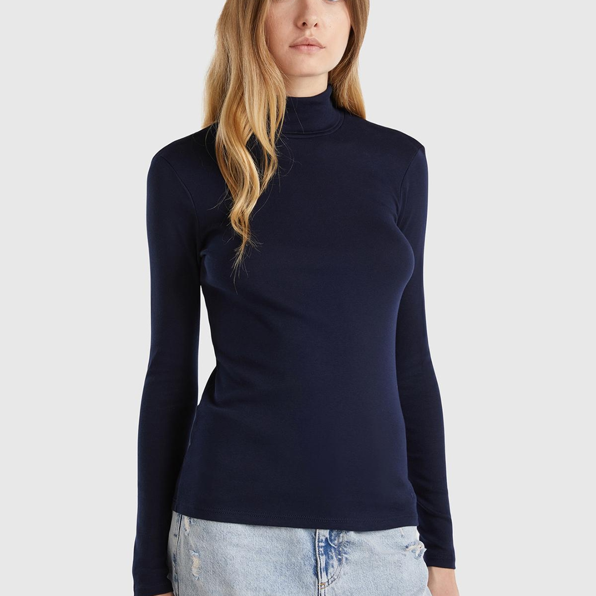 Kadın Lacivert %100 Pamuk Boğazlı Uzun Kollu T-Shirt