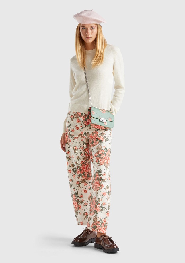  Kadın Beyaz %100 Pamuk Tamamı Çiçek Desenli 5 Cepli Balon Pantolon