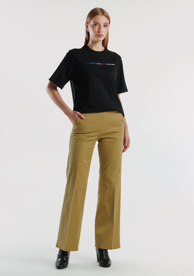  Kadın Hardal Pamuk Karışımlı Rahat İspanyol Paça Pantolon