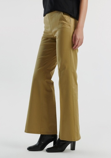  Kadın Hardal Pamuk Karışımlı Rahat İspanyol Paça Pantolon