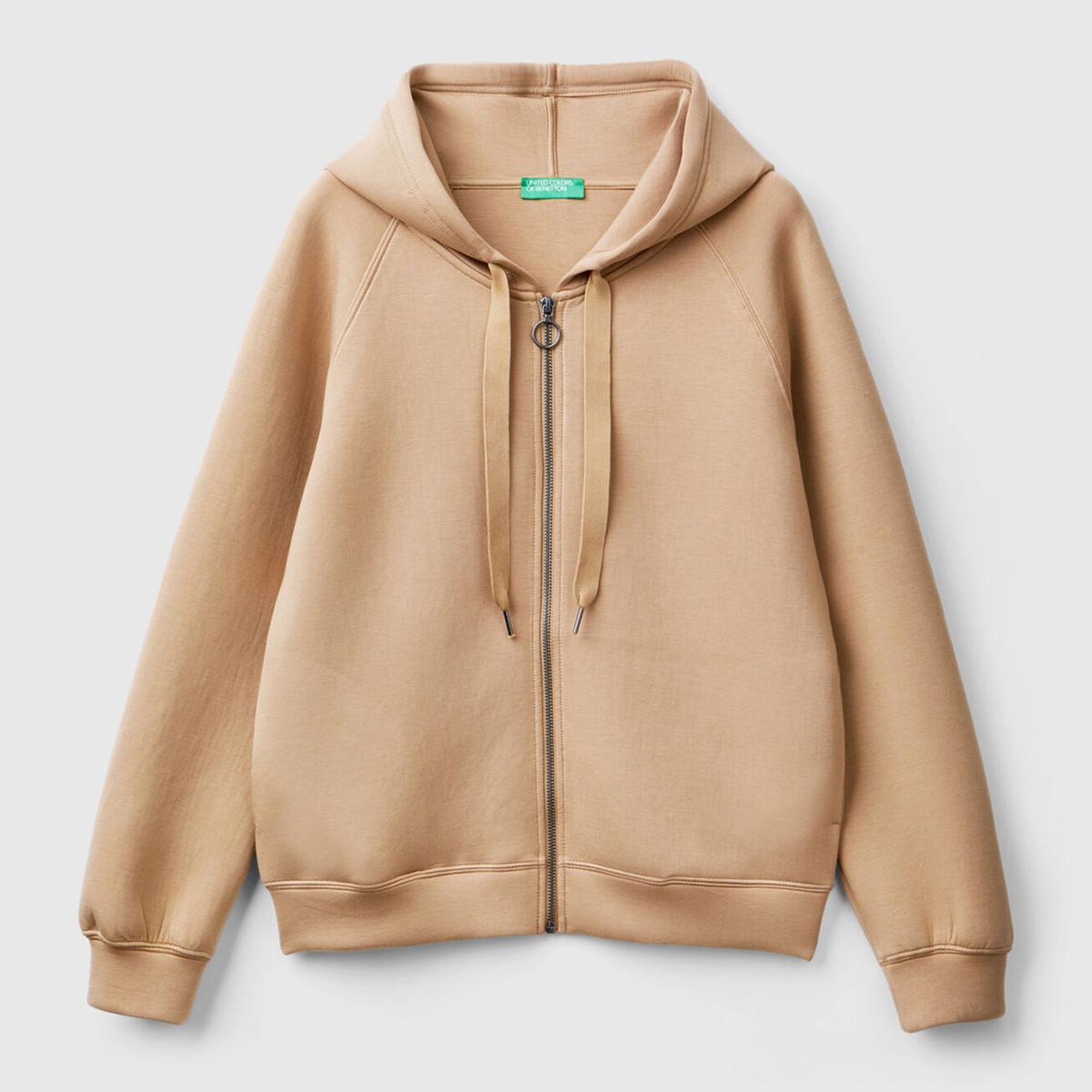 Kadın Bej Viskoz Karışımlı Büzgü İpli Kapüşonlu Fermuarlı Sweatshirt