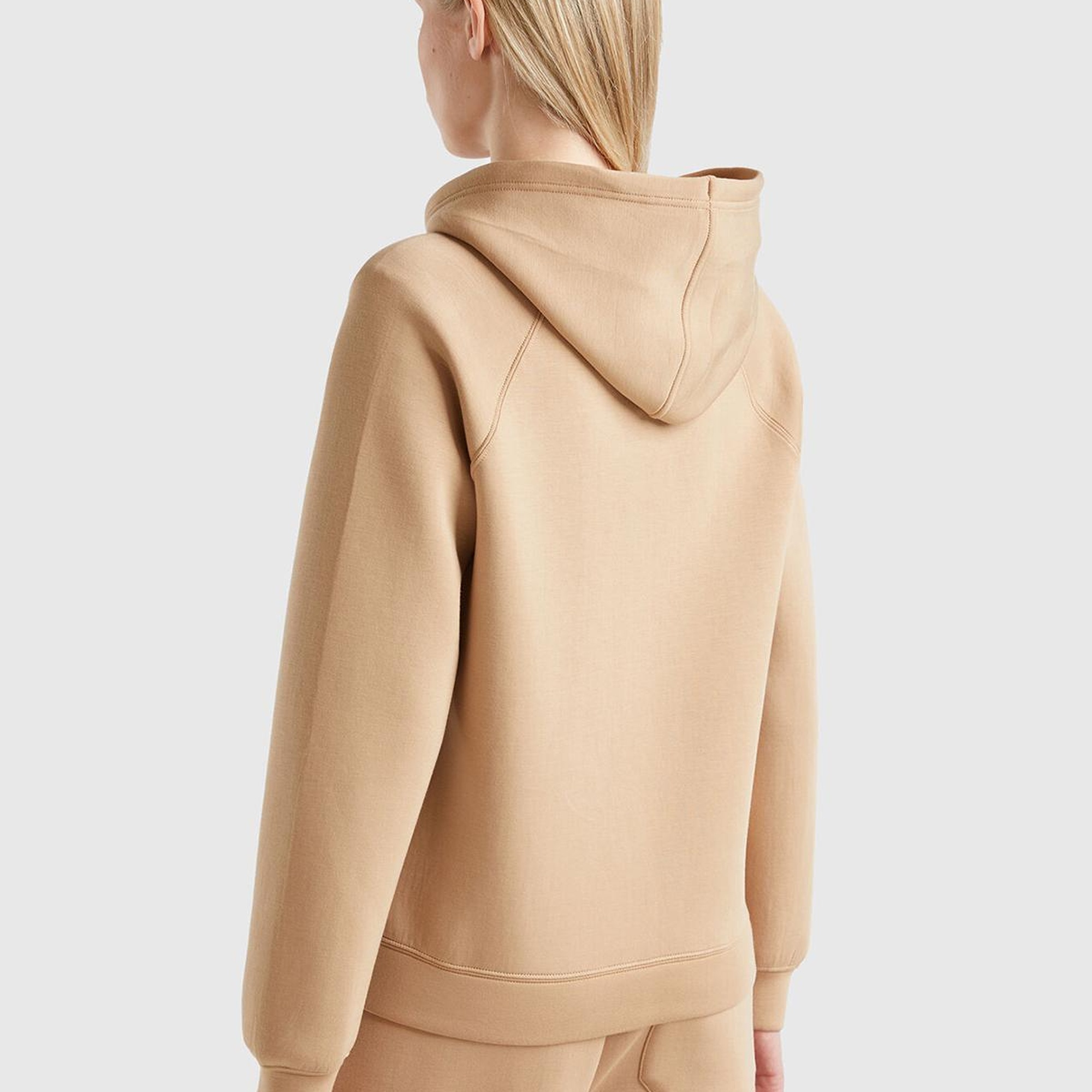 Kadın Bej Viskoz Karışımlı Büzgü İpli Kapüşonlu Fermuarlı Sweatshirt