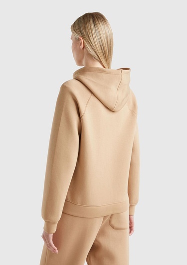  Kadın Bej Viskoz Karışımlı Büzgü İpli Kapüşonlu Fermuarlı Sweatshirt