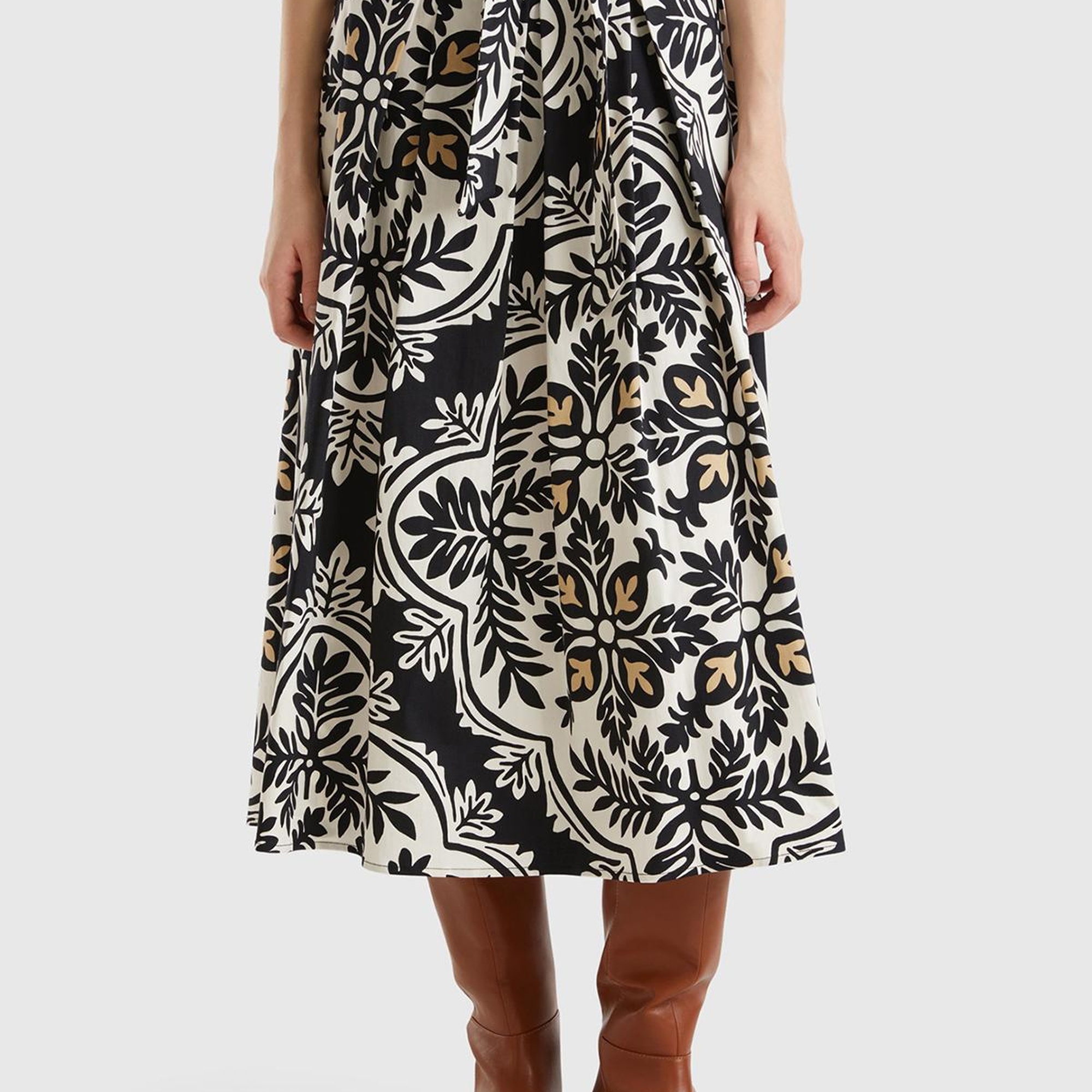 Kadın Gümüş Pamuk Karışımlı Beli Kemerli Tamamı Baskılı Midi Etek