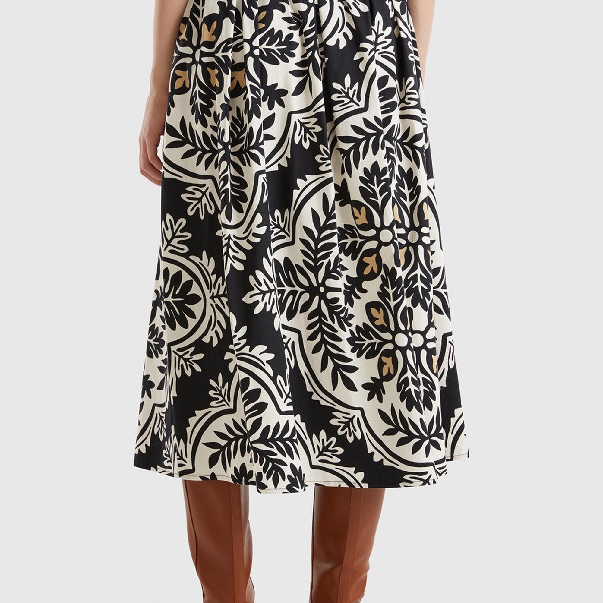 Kadın Gümüş Pamuk Karışımlı Beli Kemerli Tamamı Baskılı Midi Etek