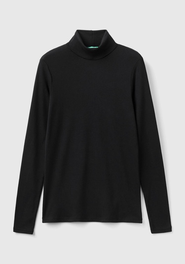  Kadın Siyah %100 Pamuk Boğazlı Uzun Kollu T-Shirt