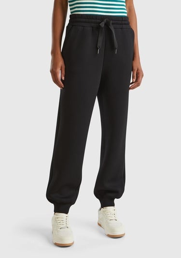  Kadın Siyah Viskoz Karışımlı Beli Lastikli Büzgü İpli Manşetli Eşofman Altı