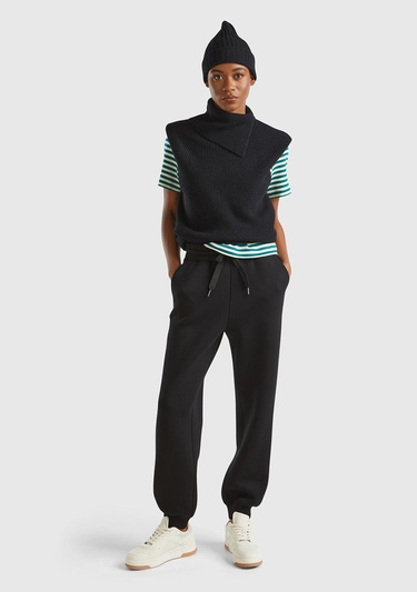  Kadın Siyah Viskoz Karışımlı Beli Lastikli Büzgü İpli Manşetli Eşofman Altı