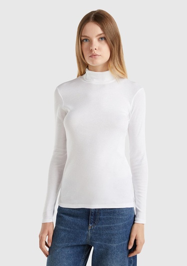  Kadın Beyaz %100 Pamuk Boğazlı Uzun Kollu T-Shirt