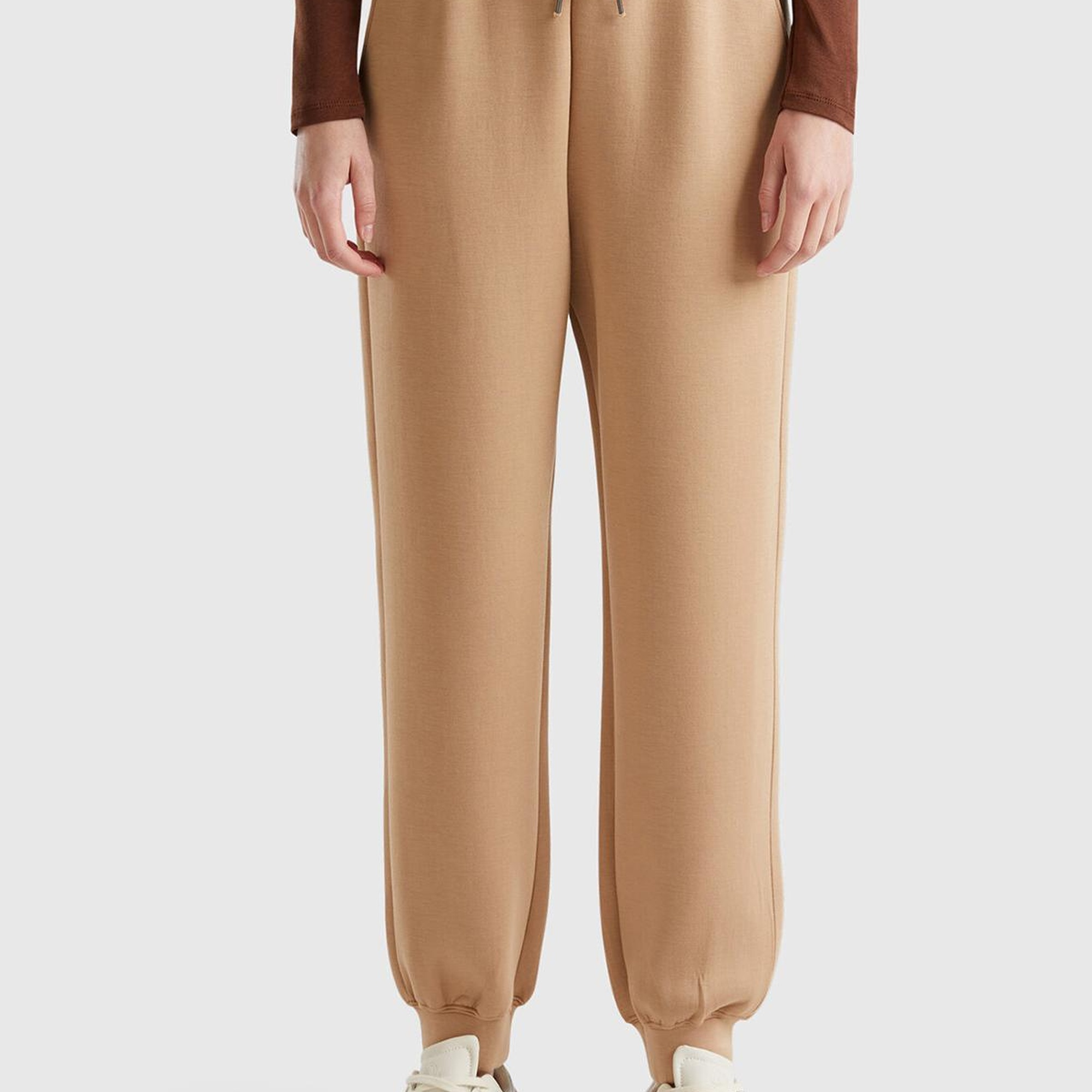 Kadın Bej Viskoz Karışımlı Beli Lastikli Büzgü İpli Manşetli Eşofman Altı