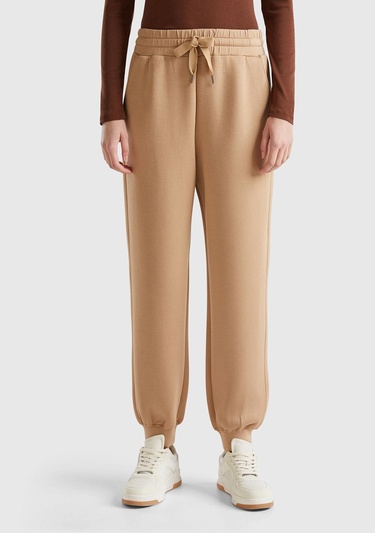  Kadın Bej Viskoz Karışımlı Beli Lastikli Büzgü İpli Manşetli Eşofman Altı