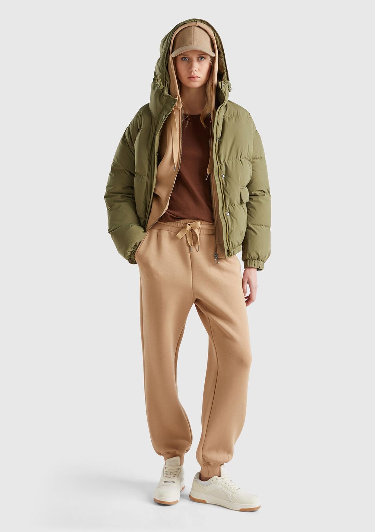  Kadın Bej Viskoz Karışımlı Beli Lastikli Büzgü İpli Manşetli Eşofman Altı