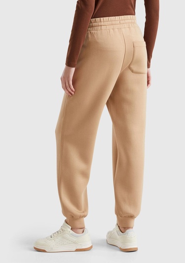  Kadın Bej Viskoz Karışımlı Beli Lastikli Büzgü İpli Manşetli Eşofman Altı