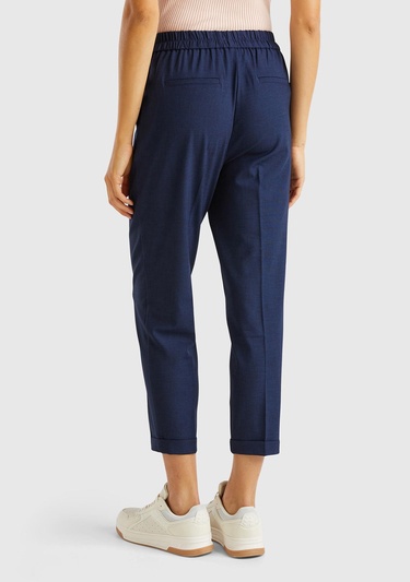  Kadın Lacivert Viskoz Karışımlı Yanı ve Arkası Büzgülü Kıvrık Paça Pantolon