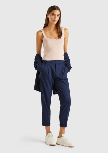  Kadın Lacivert Viskoz Karışımlı Yanı ve Arkası Büzgülü Kıvrık Paça Pantolon
