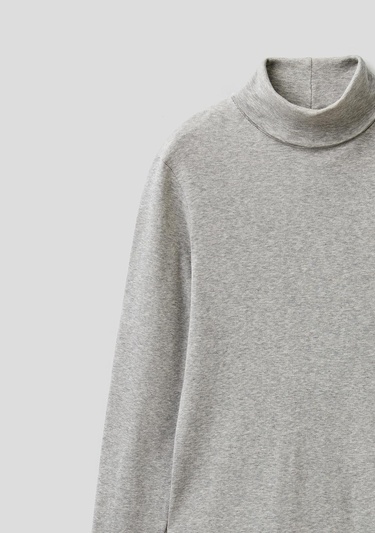  Kadın Gri Melanj %100 Pamuk Boğazlı Uzun Kollu T-Shirt