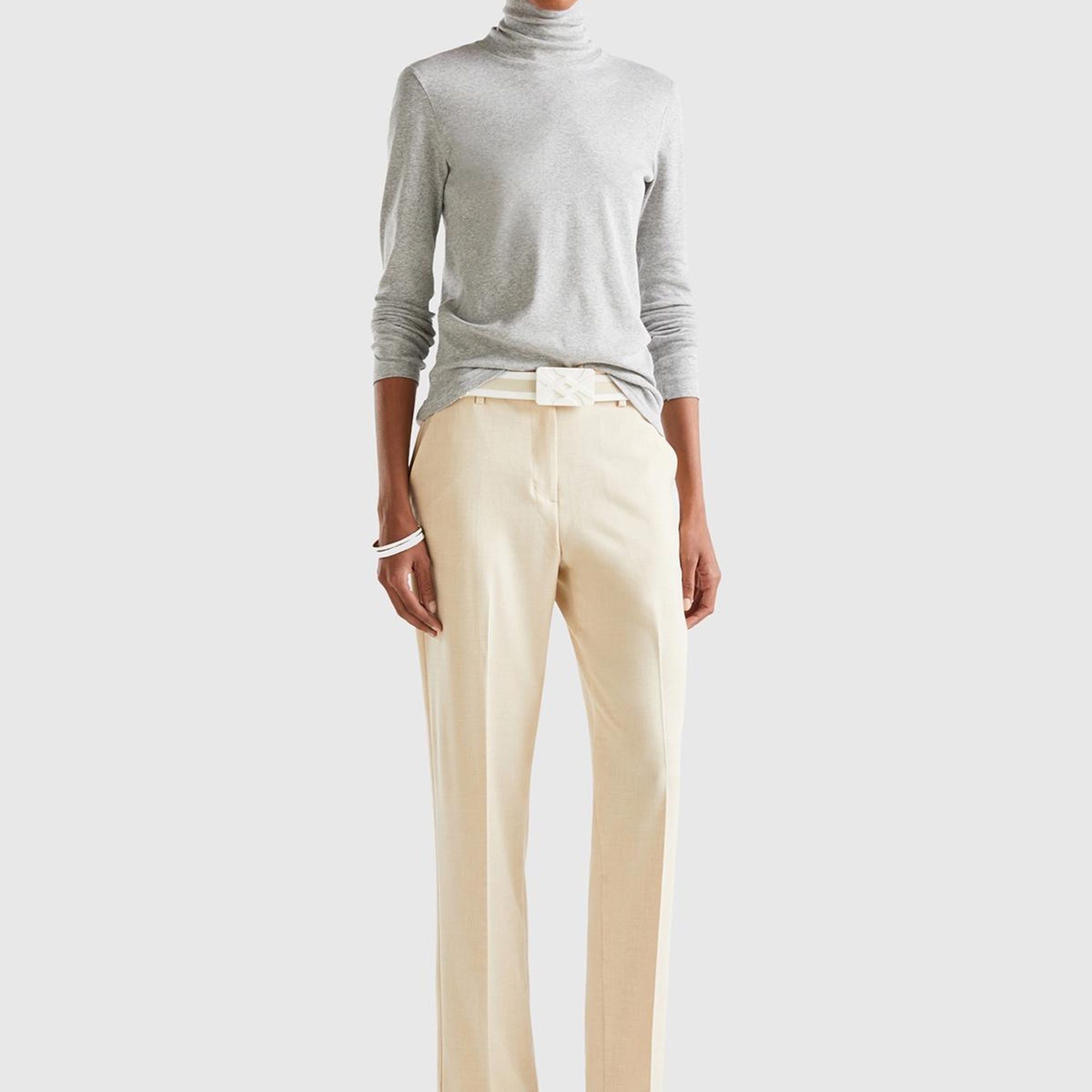 Kadın Gri Melanj %100 Pamuk Boğazlı Uzun Kollu T-Shirt