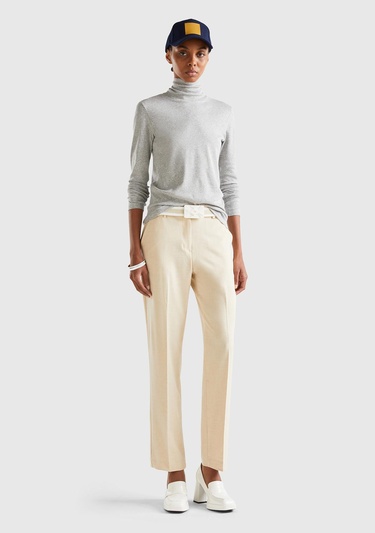  Kadın Gri Melanj %100 Pamuk Boğazlı Uzun Kollu T-Shirt