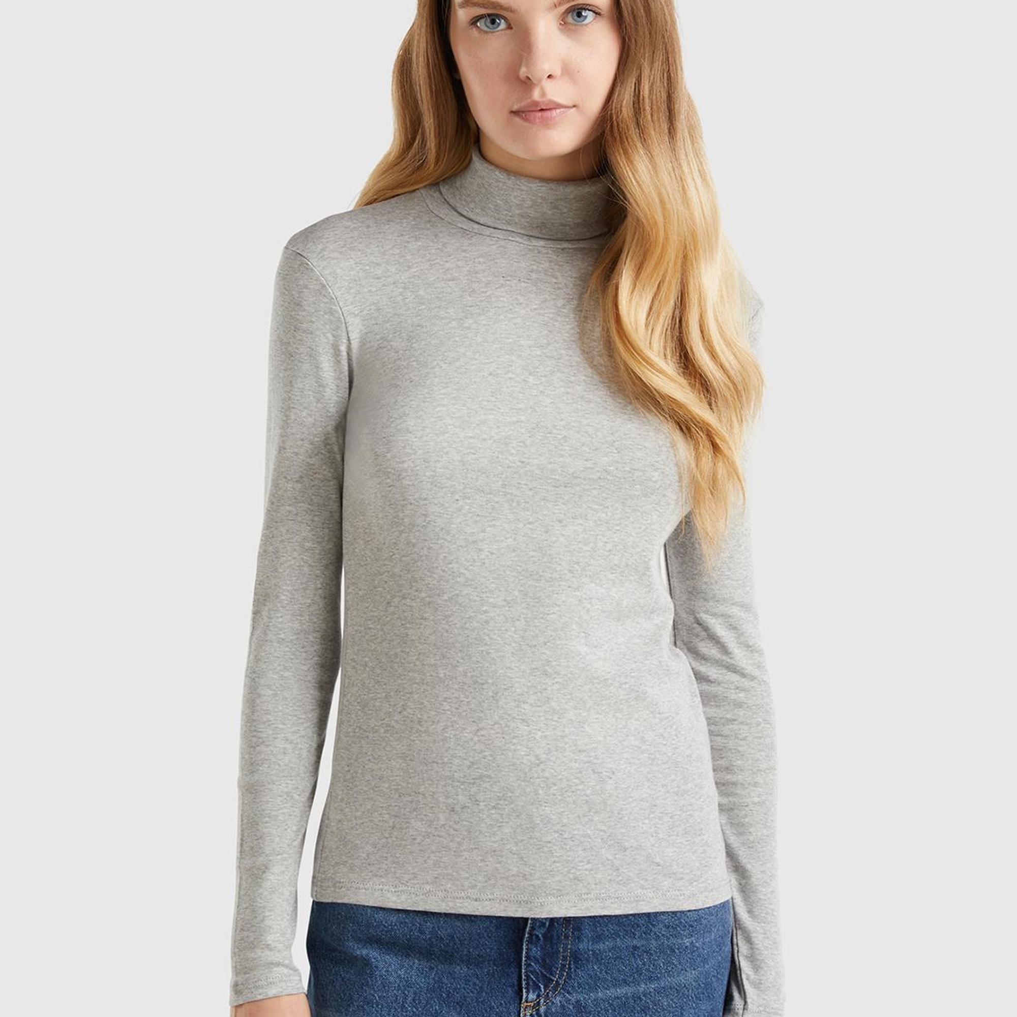 Kadın Gri Melanj %100 Pamuk Boğazlı Uzun Kollu T-Shirt