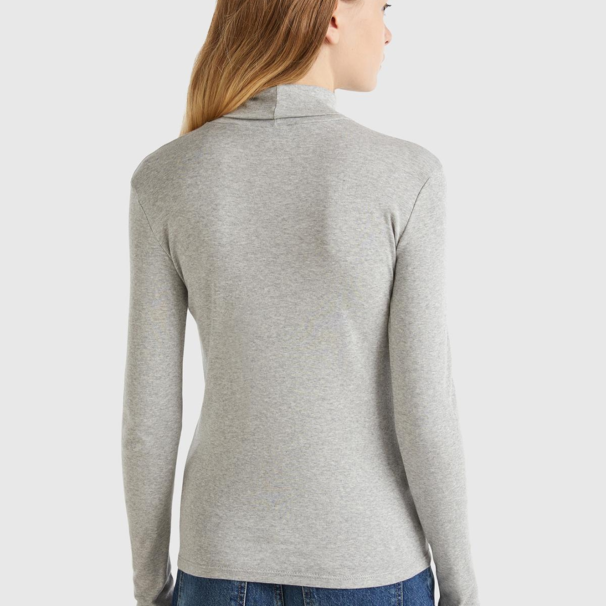 Kadın Gri Melanj %100 Pamuk Boğazlı Uzun Kollu T-Shirt