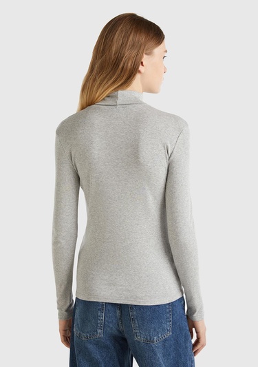  Kadın Gri Melanj %100 Pamuk Boğazlı Uzun Kollu T-Shirt