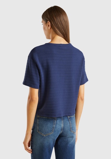  Kadın Lacivert Pamuk Karışımlı Önü Cep Detaylı Yuvarlak Yaka Kısa T-Shirt