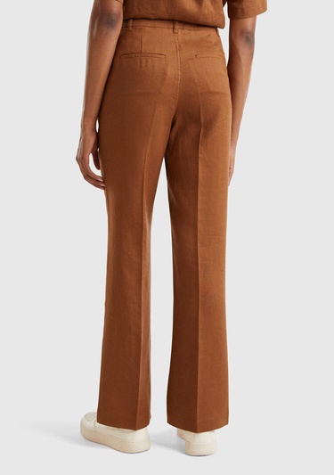  Kadın Kahverengi %100 Keten Arkası Şerit Cepli Düğme Kapamalı Pantolon