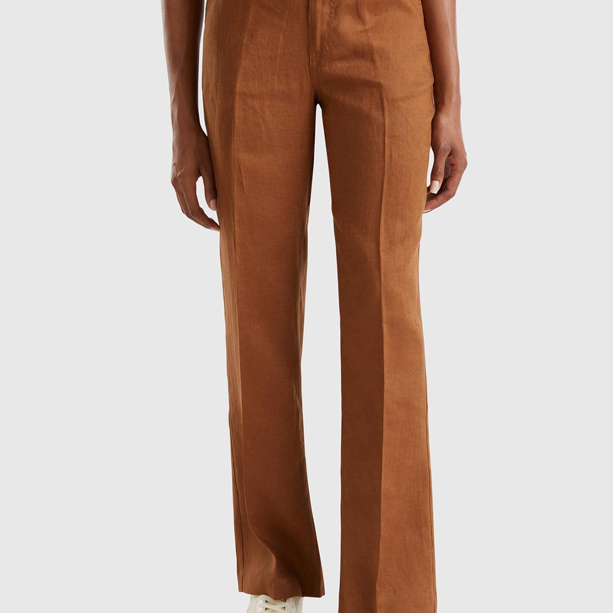 Kadın Kahverengi %100 Keten Arkası Şerit Cepli Düğme Kapamalı Pantolon