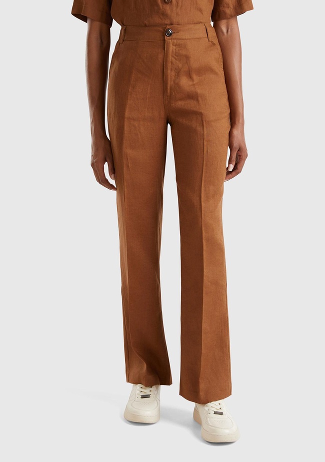  Kadın Kahverengi %100 Keten Arkası Şerit Cepli Düğme Kapamalı Pantolon