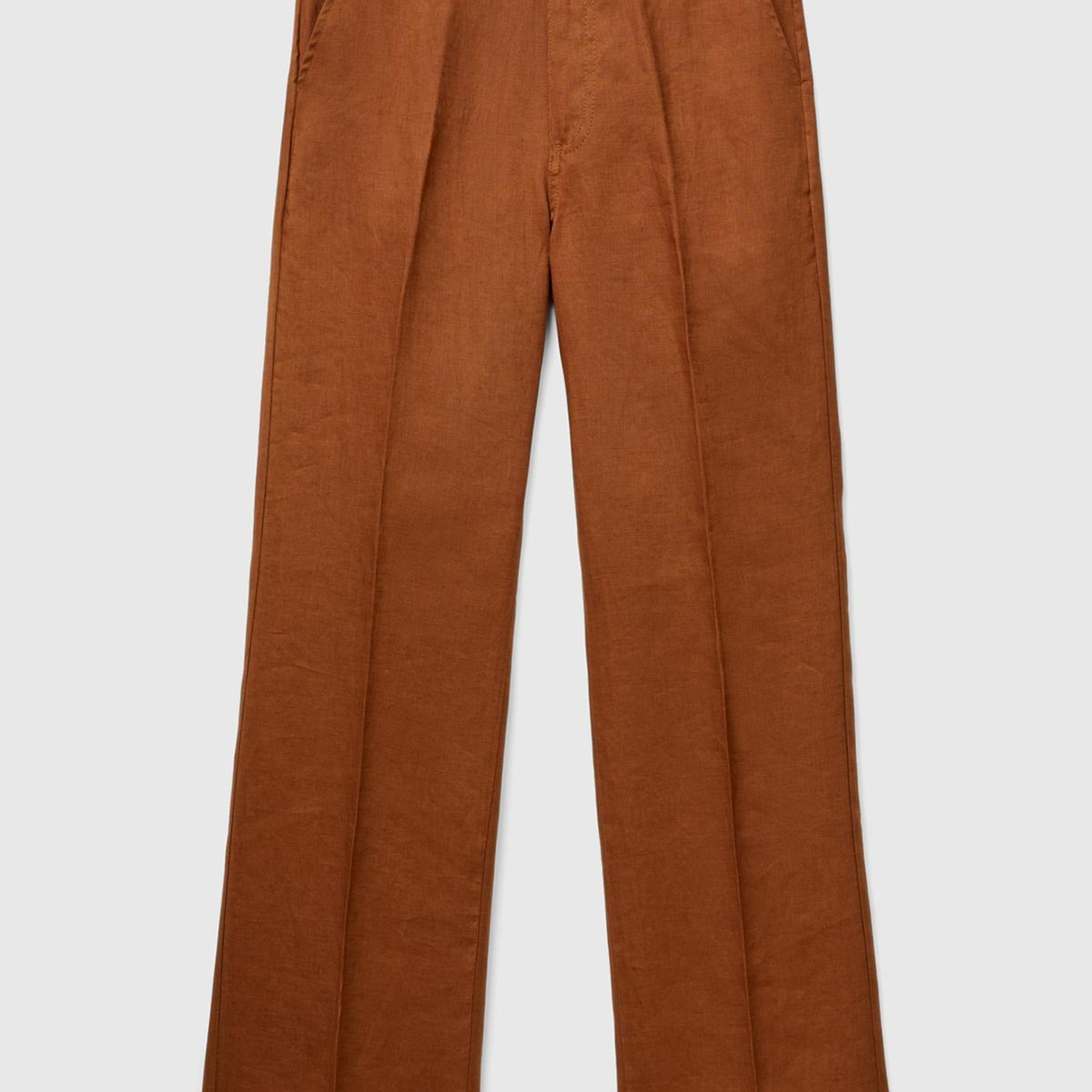 Kadın Kahverengi %100 Keten Arkası Şerit Cepli Düğme Kapamalı Pantolon