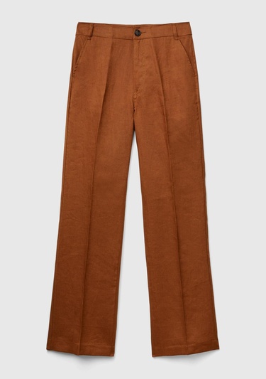  Kadın Kahverengi %100 Keten Arkası Şerit Cepli Düğme Kapamalı Pantolon